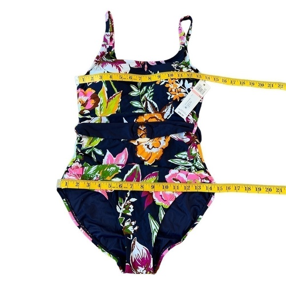 🆕 Anne Cole Navy & Green Tropical Bloom Belted One-Piece - Picture 2 of 6